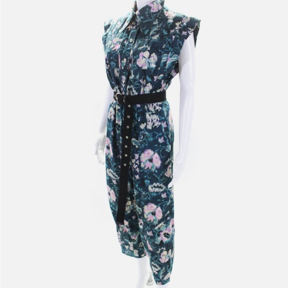 Maria Cher Blue Floral Printed Jumpsuit with Belt, Size S - Picture 2 of 5